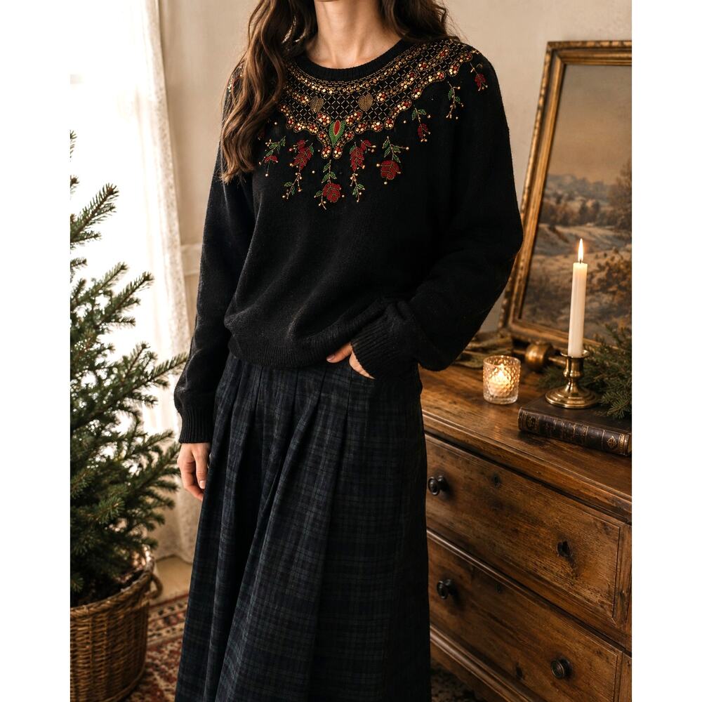 Vintage Dana Scott Black Beaded Floral Sweater Ramie Cotton M